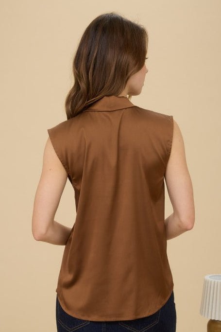 Brown Satin Collared Tank Top - The Nines