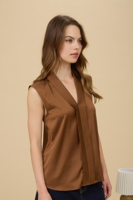 Brown Satin Collared Tank Top - The Nines