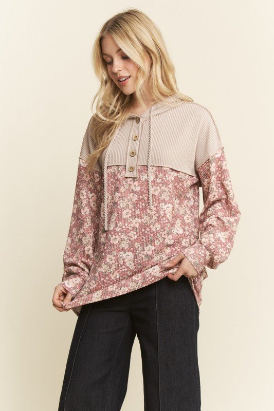 Marsala Ribbed Floral Hoodie - The Nines