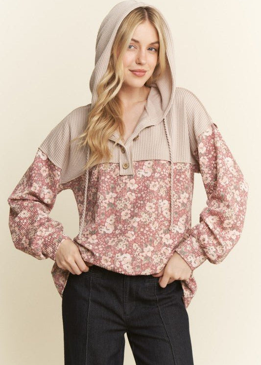 Marsala Ribbed Floral Hoodie - The Nines