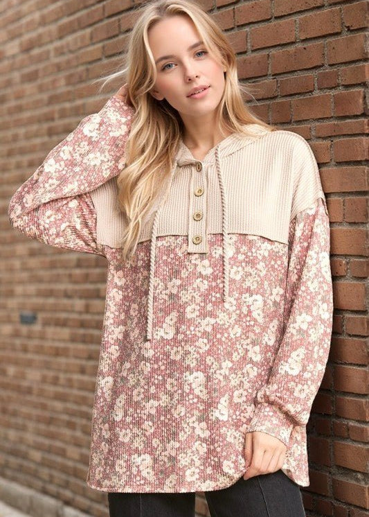 Marsala Ribbed Floral Hoodie - The Nines
