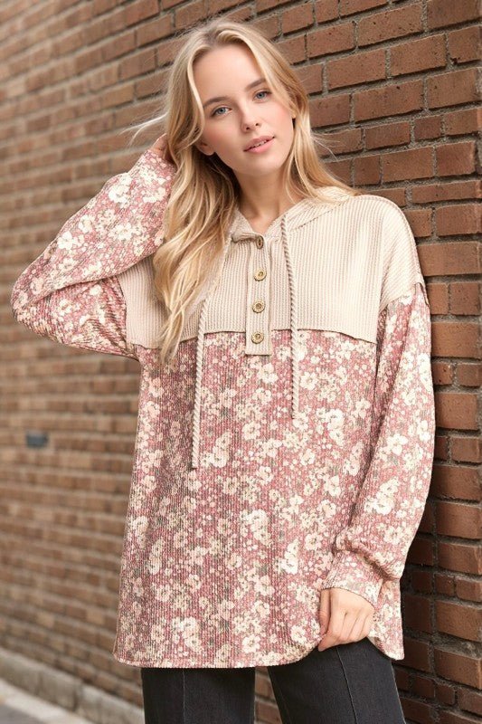 Marsala Ribbed Floral Hoodie - The Nines