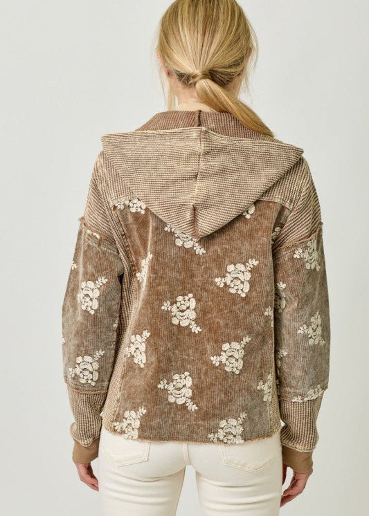 Washed Toffee Embroidered Hoodie Jacket - The Nines