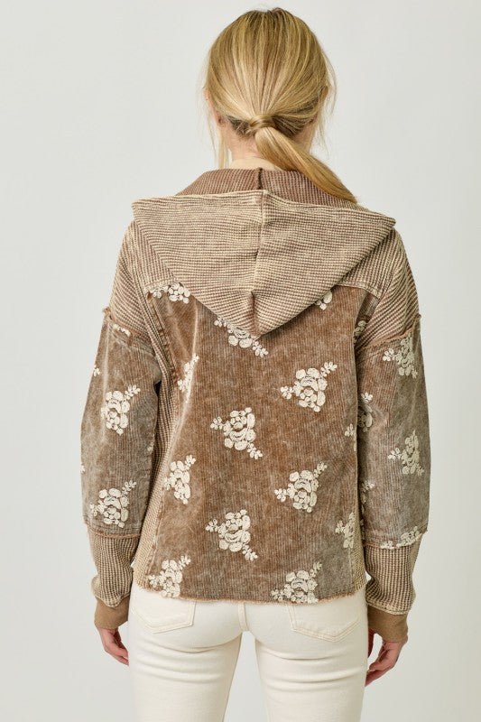 Washed Toffee Embroidered Hoodie Jacket - The Nines