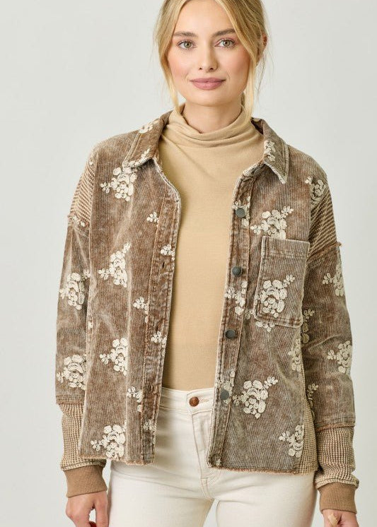 Washed Toffee Embroidered Hoodie Jacket - The Nines