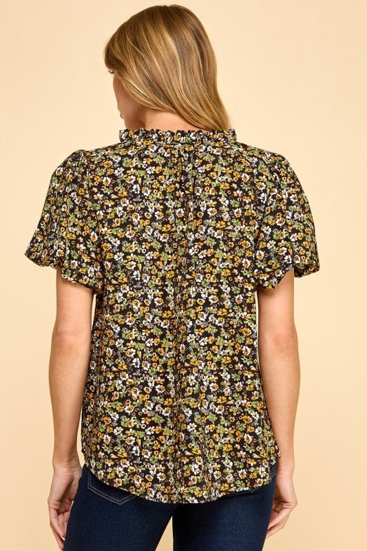 Black & Yellow Floral Puff Sleeve Top - The Nines