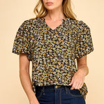 Black & Yellow Floral Puff Sleeve Top - The Nines