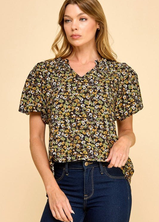 Black & Yellow Floral Puff Sleeve Top - The Nines