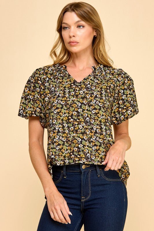 Black & Yellow Floral Puff Sleeve Top - The Nines