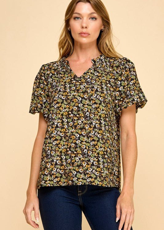 Black & Yellow Floral Puff Sleeve Top - The Nines