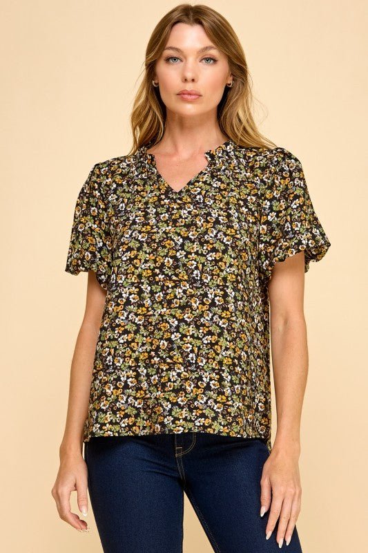 Black & Yellow Floral Puff Sleeve Top - The Nines