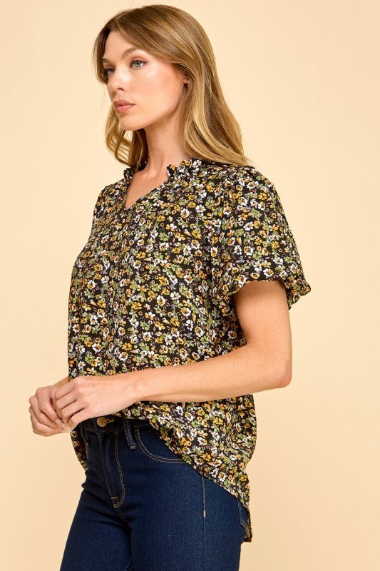 Black & Yellow Floral Puff Sleeve Top - The Nines