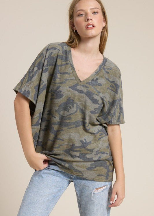Olive Relaxed Camo Dolman Top - The Nines