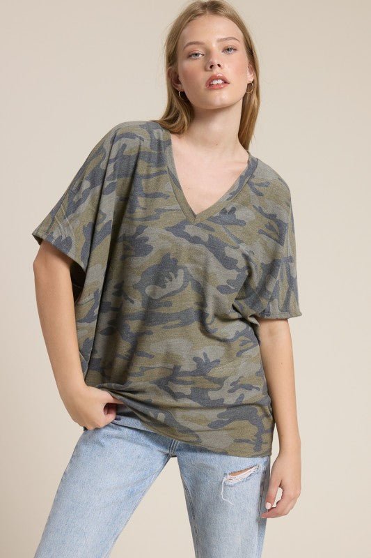 Olive Relaxed Camo Dolman Top - The Nines