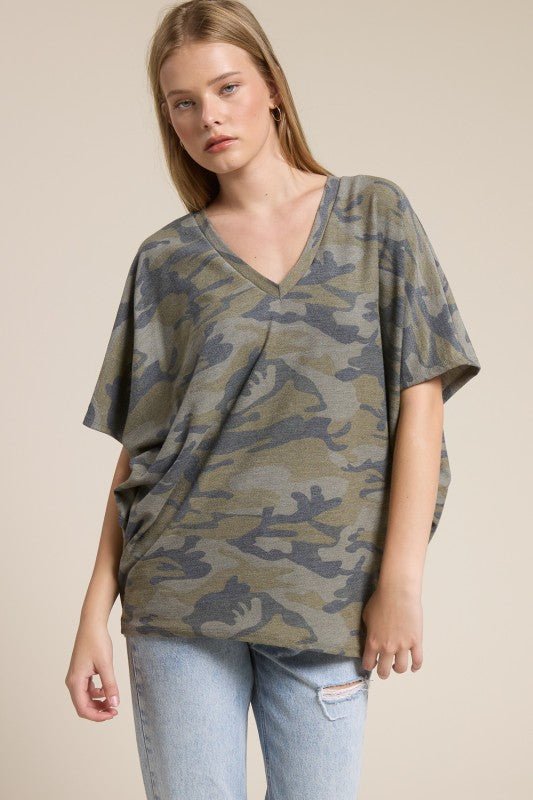 Olive Relaxed Camo Dolman Top - The Nines