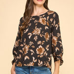 Black & Brown Floral Tie Sleeve Top - The Nines