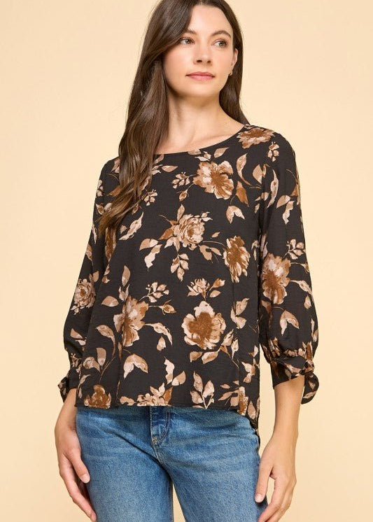 Black & Brown Floral Tie Sleeve Top - The Nines