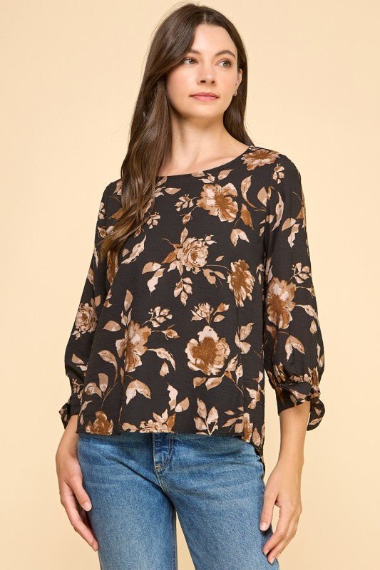 Black & Brown Floral Tie Sleeve Top - The Nines
