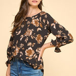 Black & Brown Floral Tie Sleeve Top - The Nines