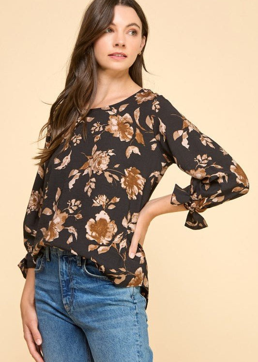 Black & Brown Floral Tie Sleeve Top - The Nines