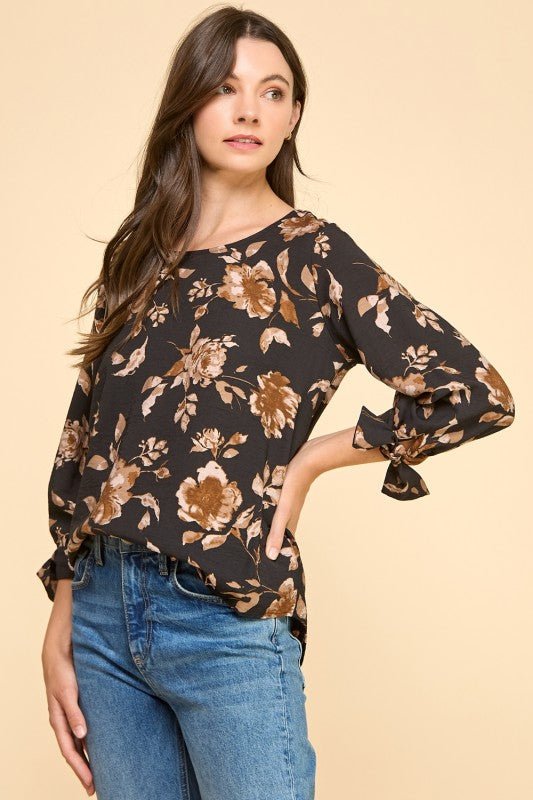 Black & Brown Floral Tie Sleeve Top - The Nines