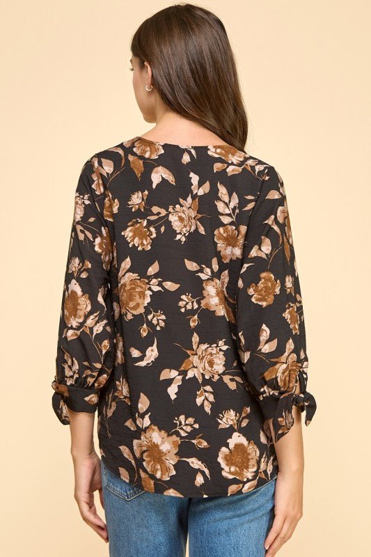 Black & Brown Floral Tie Sleeve Top - The Nines