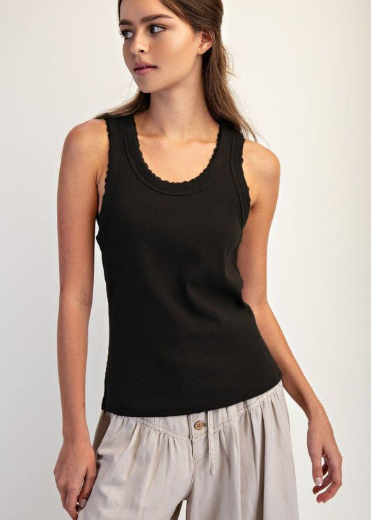 Ribbed Lace Trim Tank Top - 4 Colors! - The Nines