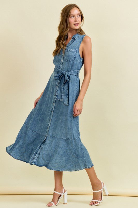 Dark Denim Belted Sun Dress - The Nines