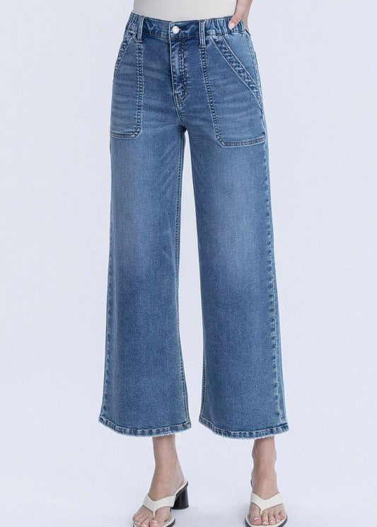 Vervet Elastic Waist Band Comfort Stretch Wide Leg Jean - The Nines