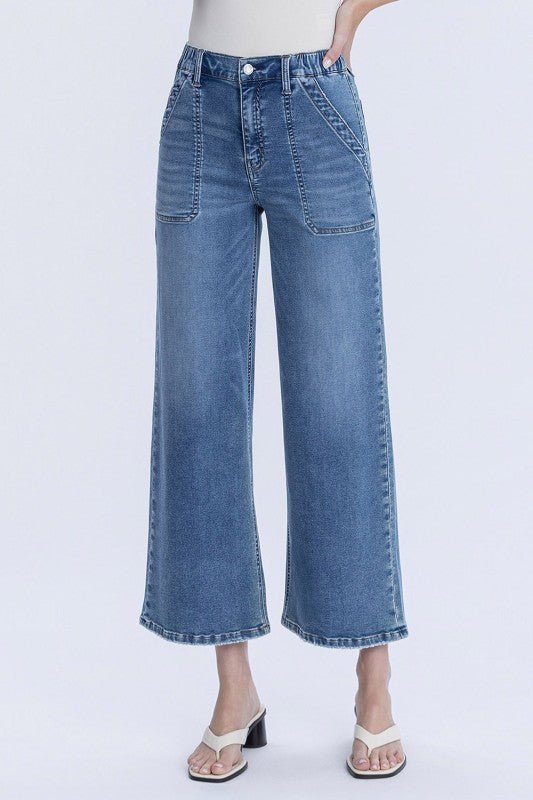 Vervet Elastic Waist Band Comfort Stretch Wide Leg Jean - The Nines