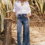 Vervet Elastic Waist Band Comfort Stretch Wide Leg Jean - The Nines