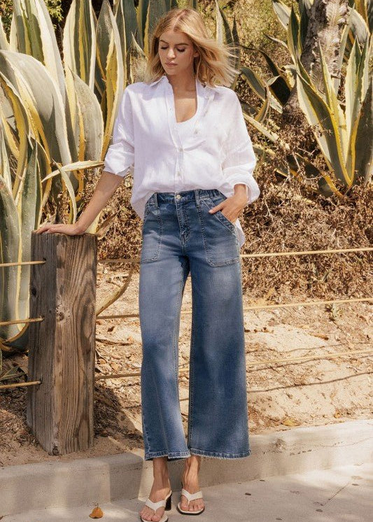 Vervet Elastic Waist Band Comfort Stretch Wide Leg Jean - The Nines