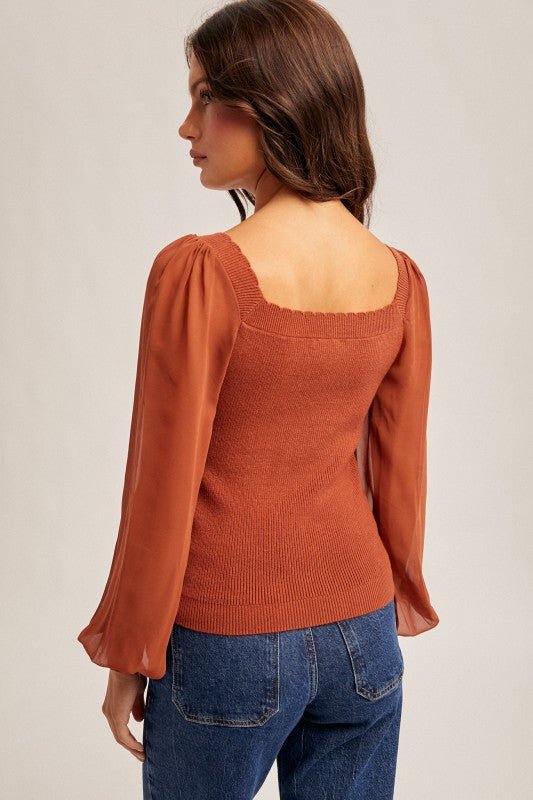 Rust Scalloped Neck Chiffon Top - The Nines