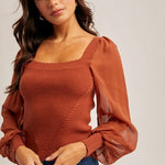 Rust Scalloped Neck Chiffon Top - The Nines