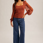 Rust Scalloped Neck Chiffon Top - The Nines