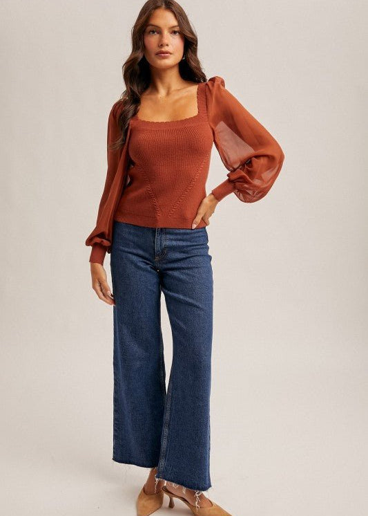 Rust Scalloped Neck Chiffon Top - The Nines