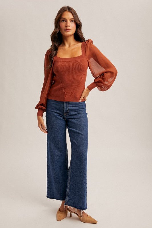 Rust Scalloped Neck Chiffon Top - The Nines