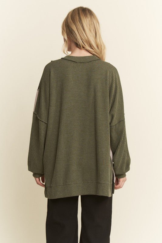 Olive Floral Ribbed Top - The Nines