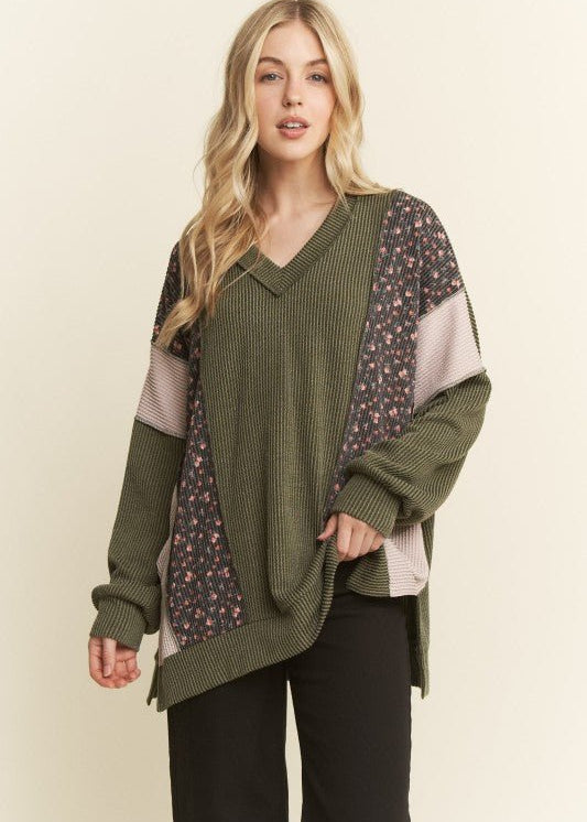 Olive Floral Ribbed Top - The Nines