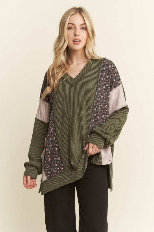 Olive Floral Ribbed Top - The Nines