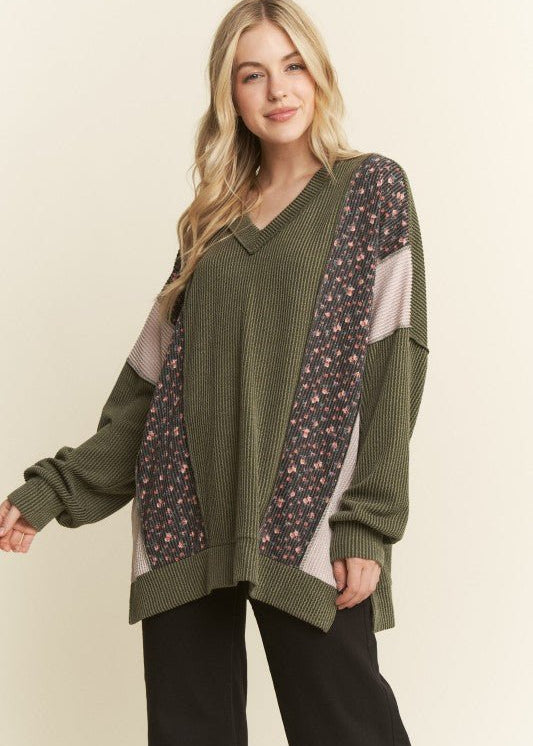 Olive Floral Ribbed Top - The Nines