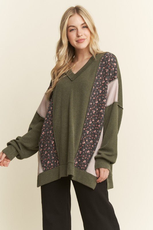 Olive Floral Ribbed Top - The Nines