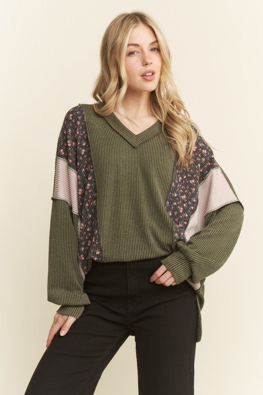 Olive Floral Ribbed Top - The Nines