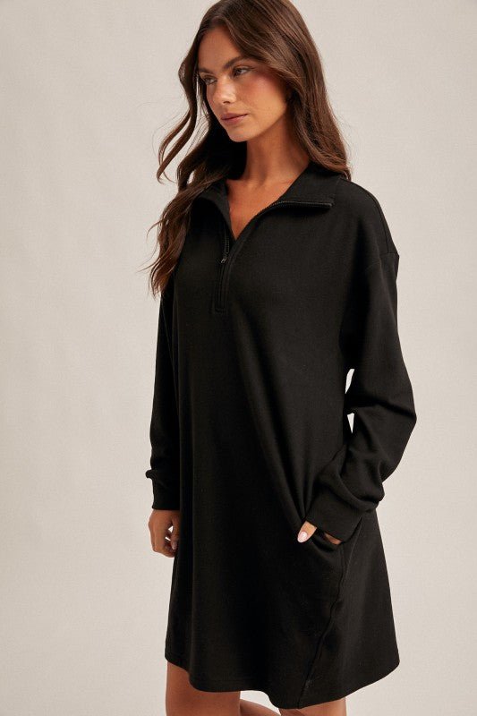 Soft Brushed Quarter Zip Sweatshirt Pocket Dress - 3 colors! - The Nines