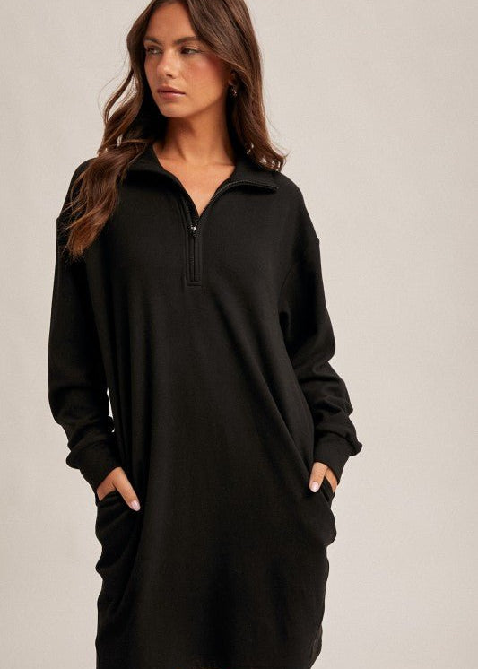 Soft Brushed Quarter Zip Sweatshirt Pocket Dress - 3 colors! - The Nines