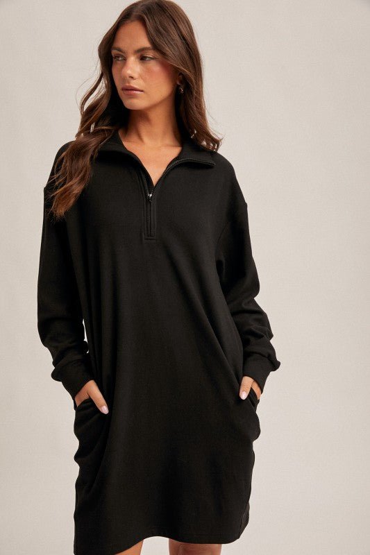 Soft Brushed Quarter Zip Sweatshirt Pocket Dress - 3 colors! - The Nines