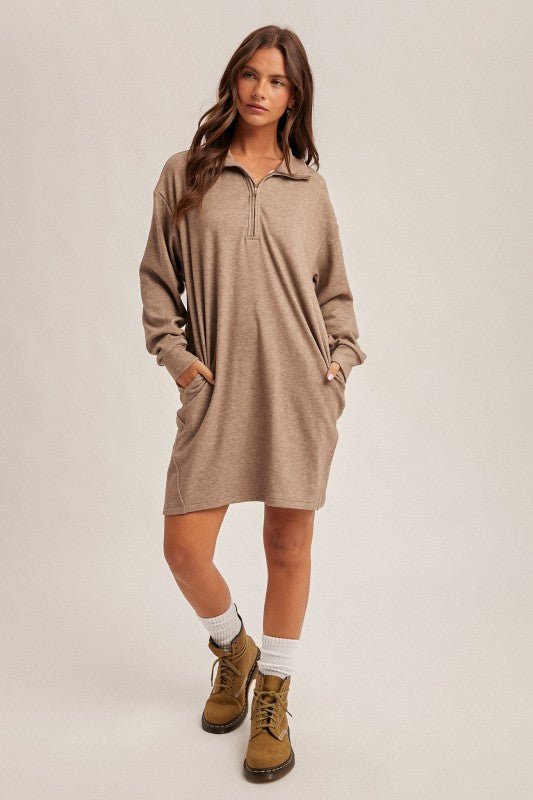 Soft Brushed Quarter Zip Sweatshirt Pocket Dress - 3 colors! - The Nines