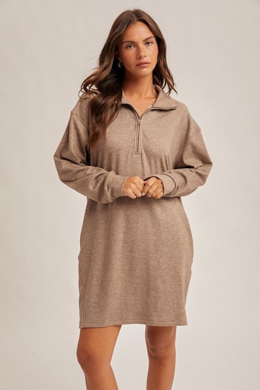 Soft Brushed Quarter Zip Sweatshirt Pocket Dress - 3 colors! - The Nines