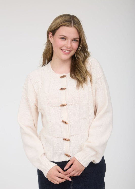 Cream Checkered Toggle Cardigan - The Nines