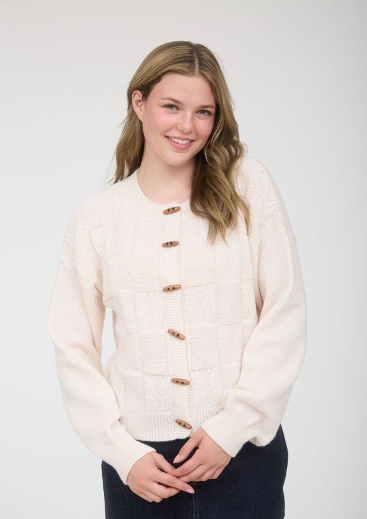 Cream Checkered Toggle Cardigan - The Nines
